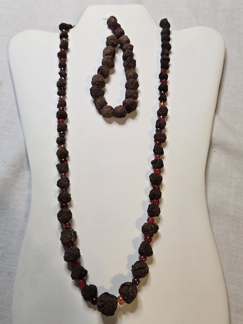 Natural Brown Rudraksha Bead Necklace and Bracelet - Brown and Red